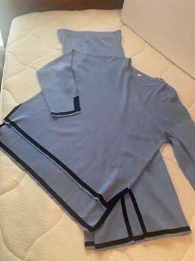 Light Blue Knit Top and Pants Set with Navy Trim.